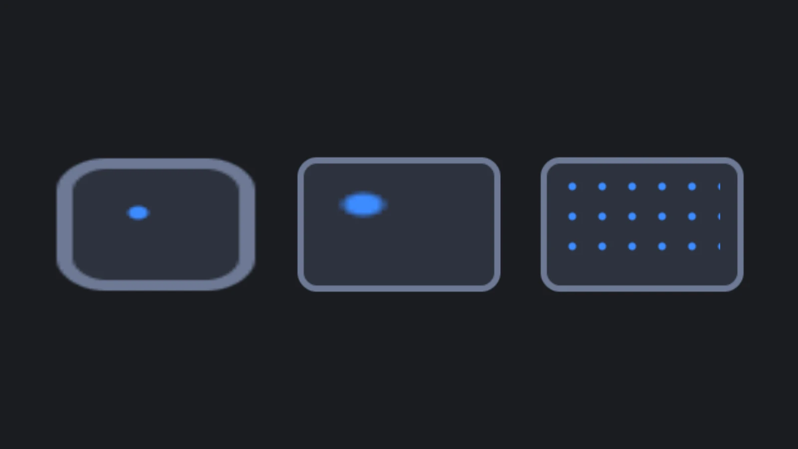 A panel drawn with the Simple, Sliced and Tiled render modes at the same size. Simple stretches the whole image and blurs its rounded corners, Sliced keeps the corners sharp and stretches the middle, and Tiled keeps the corners and repeats the middle